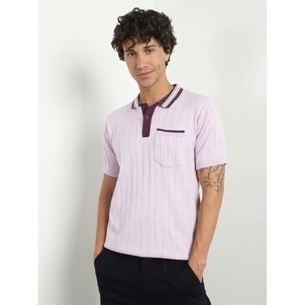 Cotton Contrast Collar Textured Relaxed Fit | Half-Sleeve Polo for Men - Image 7