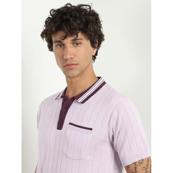 Cotton Contrast Collar Textured Relaxed Fit | Half-Sleeve Polo for Men - Image 2