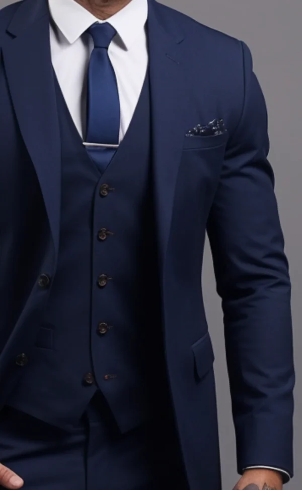 Classic Navy Blue Men's Three-Piece Notch Lapel Suit - - Image 2