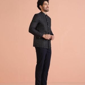 KISAH Men's Jodhpuri Bandhgala-Blazer Trouser Set, Navy Blue Silk