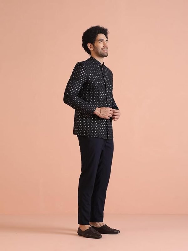 KISAH Men's Jodhpuri Bandhgala-Blazer Trouser Set, Navy Blue Silk - Image 5
