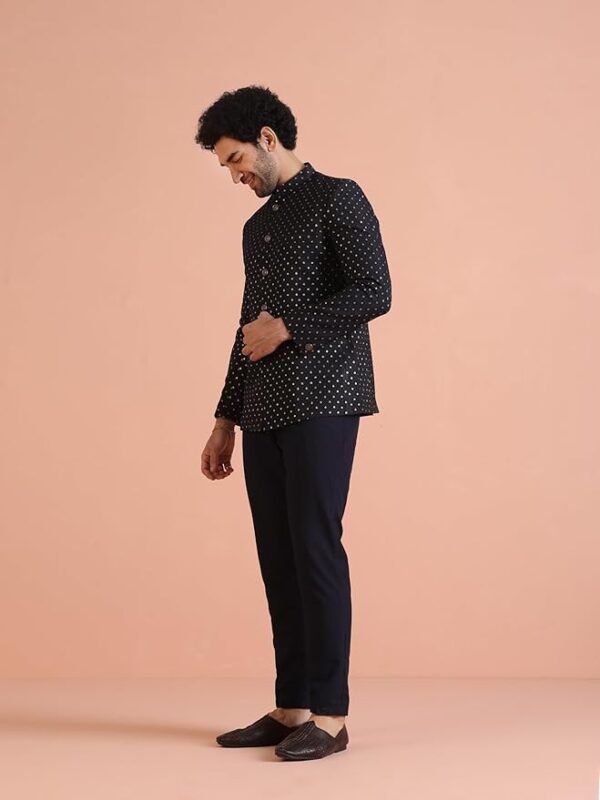 KISAH Men's Jodhpuri Bandhgala-Blazer Trouser Set, Navy Blue Silk - Image 4
