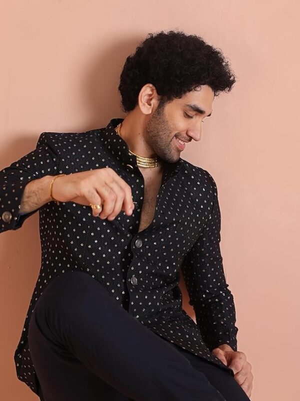 KISAH Men's Jodhpuri Bandhgala-Blazer Trouser Set, Navy Blue Silk - Image 6