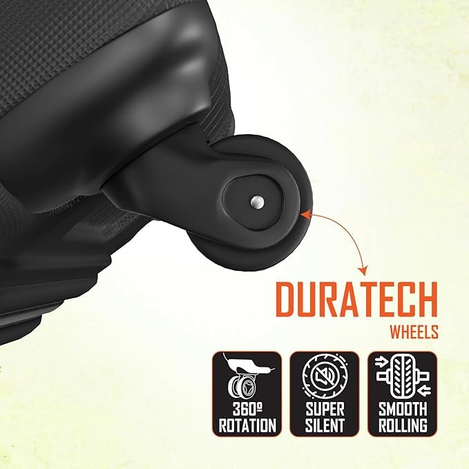 Close-up of a blue suitcase with FlowMotion 8-wheel spinner system, highlighting ultra-quiet 360° wheels